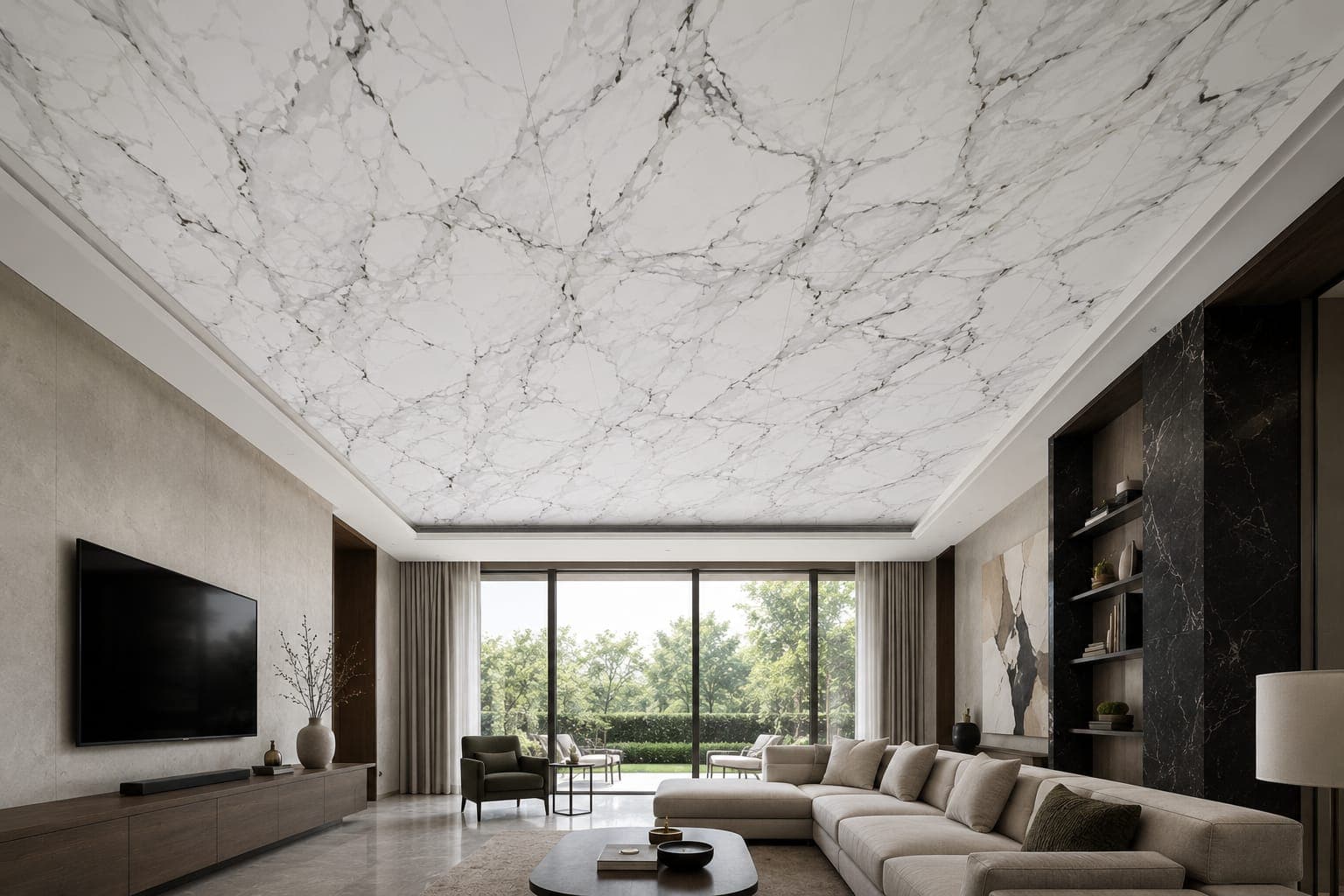 A living room ceiling clad in white marble-effect flexible clay, continuing the material overhead