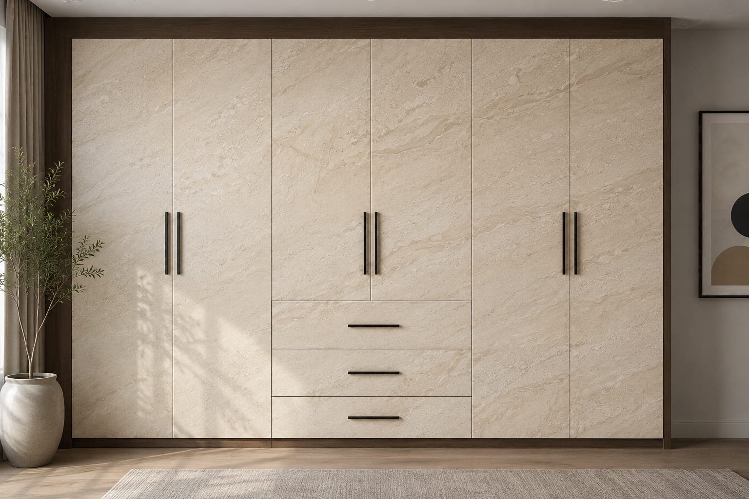 Full-height wardrobe shutters faced in pale travertine-effect flexible clay with slim metal handles