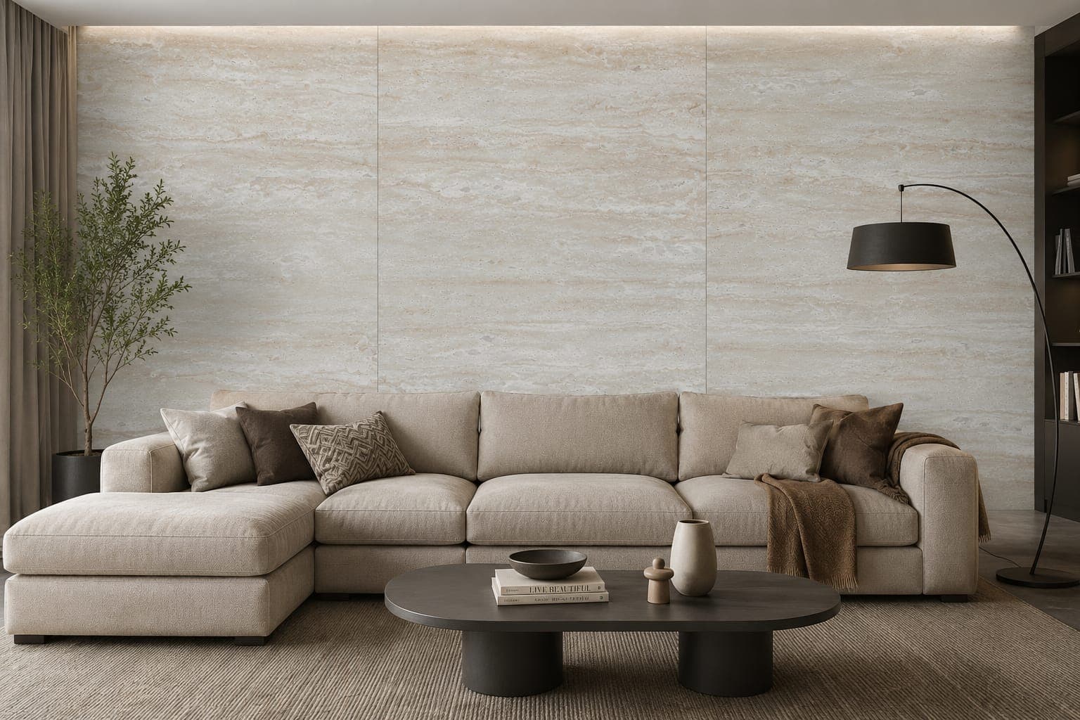 A living room with a full-height travertine-effect flexible clay feature wall behind a low sofa